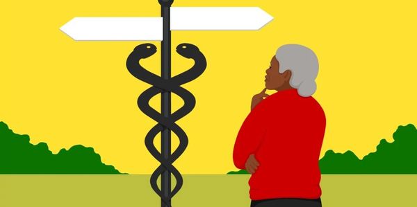 Person contemplates medical choices at a crossroads with caduceus symbol.