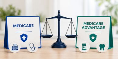 A balance scale between Medicare and Medicare Advantage signs with healthcare icons.