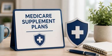 Display about Medicare Supplement Plans with a shield and medical cross symbol.