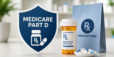 Medicare Part D prescription medication and pills with a prescription bag.