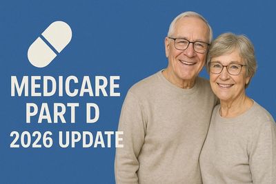 Senior couple with Medicare Part D 2026 update text on blue background.