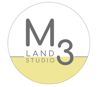 Logo with "m3 Land studio" and yellow detail.