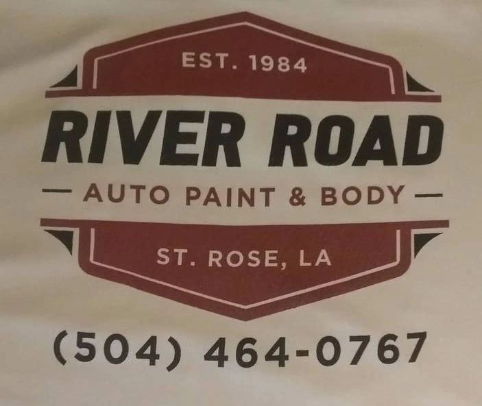 Logo for River Road Auto Paint &amp; Body in St. Rose, LA with contact number.