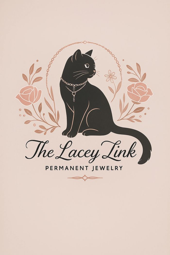 Black cat with necklace, floral circle, “The Lacey Link” permanent jewelry logo.
