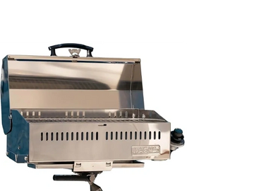 Stainless steel portable grill with open lid and control knob.