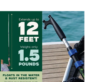 Extendable fishing tool up to 12 feet, weighs 1.5 pounds, floats and rust-resistant.