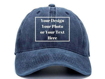 Navy blue cap with customizable front panel for design or text.