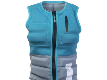 Blue and gray padded vest with front zipper and zippered chest pocket.