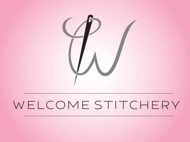 Logo with needle and thread forming initials on pink.
