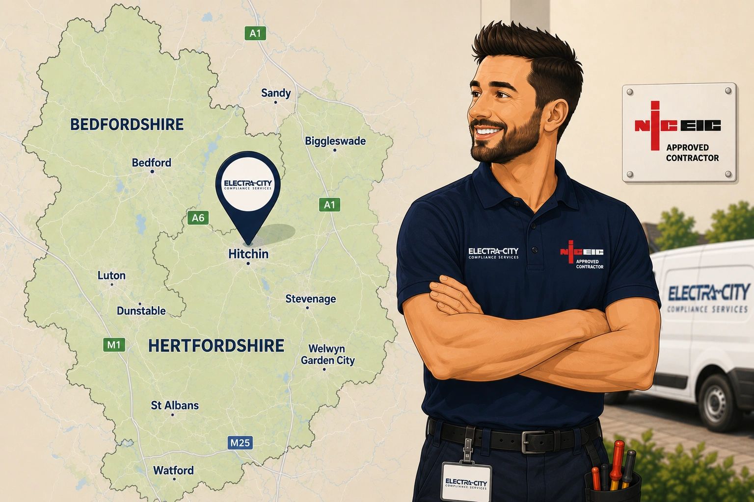 A confident electrician stands next to a Hertfordshire and Bedfordshire map highlighting Hitchin.