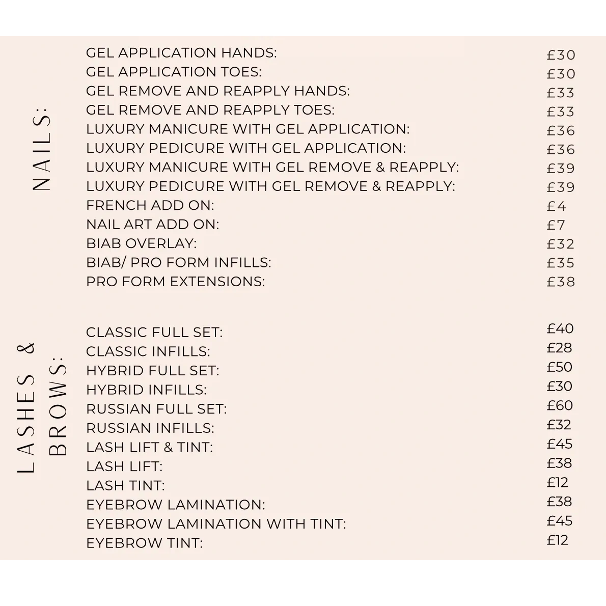 GG Beauty Price List for nails, lashes and brow beauty treatments.