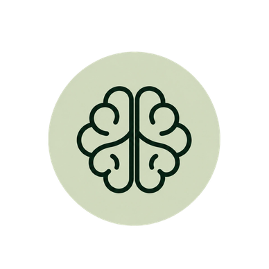 Minimalist brain icon in a muted green circle.