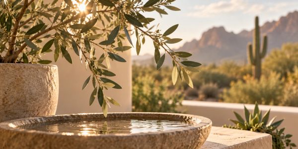 Stone basin with water and scenic desert view.
