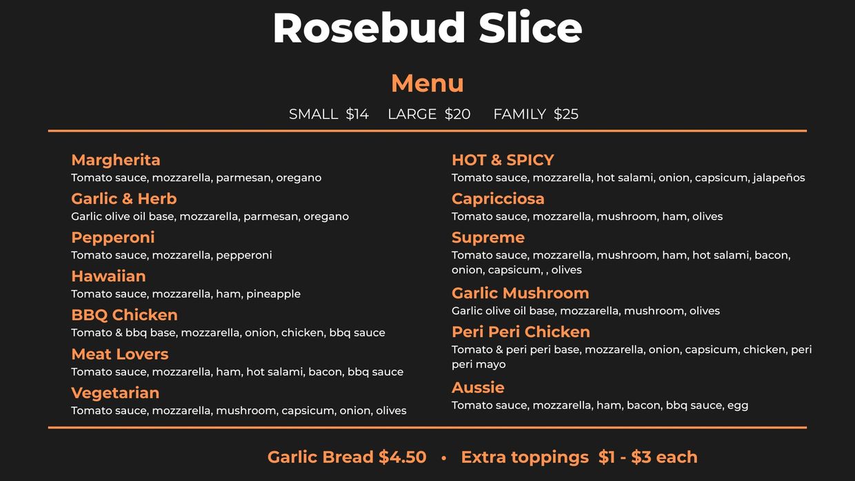 Rosebud Slice pizza menu with various flavors and prices.