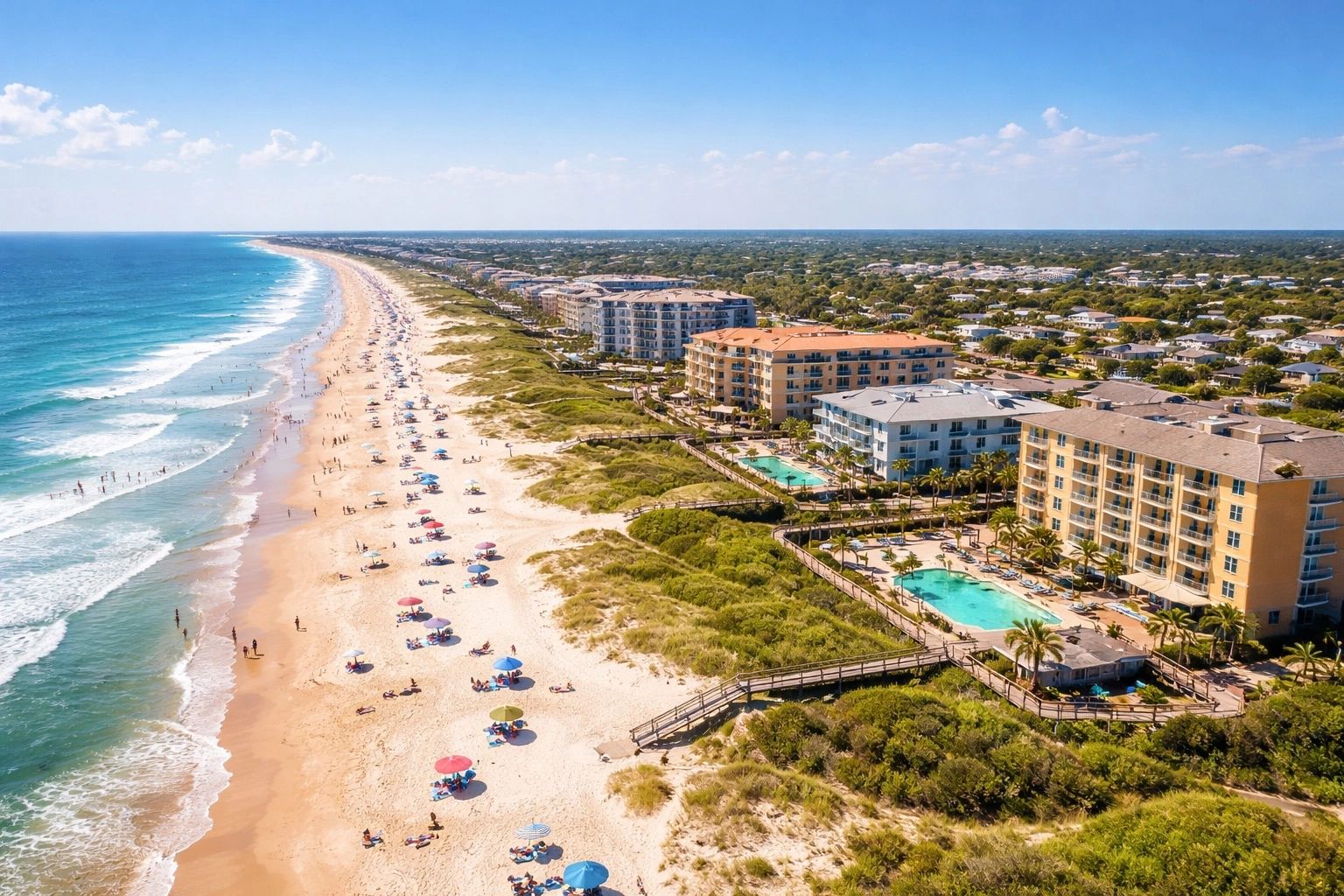A sunny beach with umbrellas, waves, and beachfront resorts with pools.
