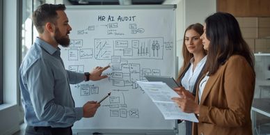 Team discussing HR AI audit strategy around whiteboard.