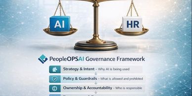 A scale balancing AI and HR with governance framework steps.