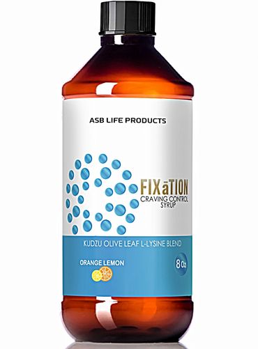 Fixation craving control syrup in an amber bottle with orange lemon flavor.