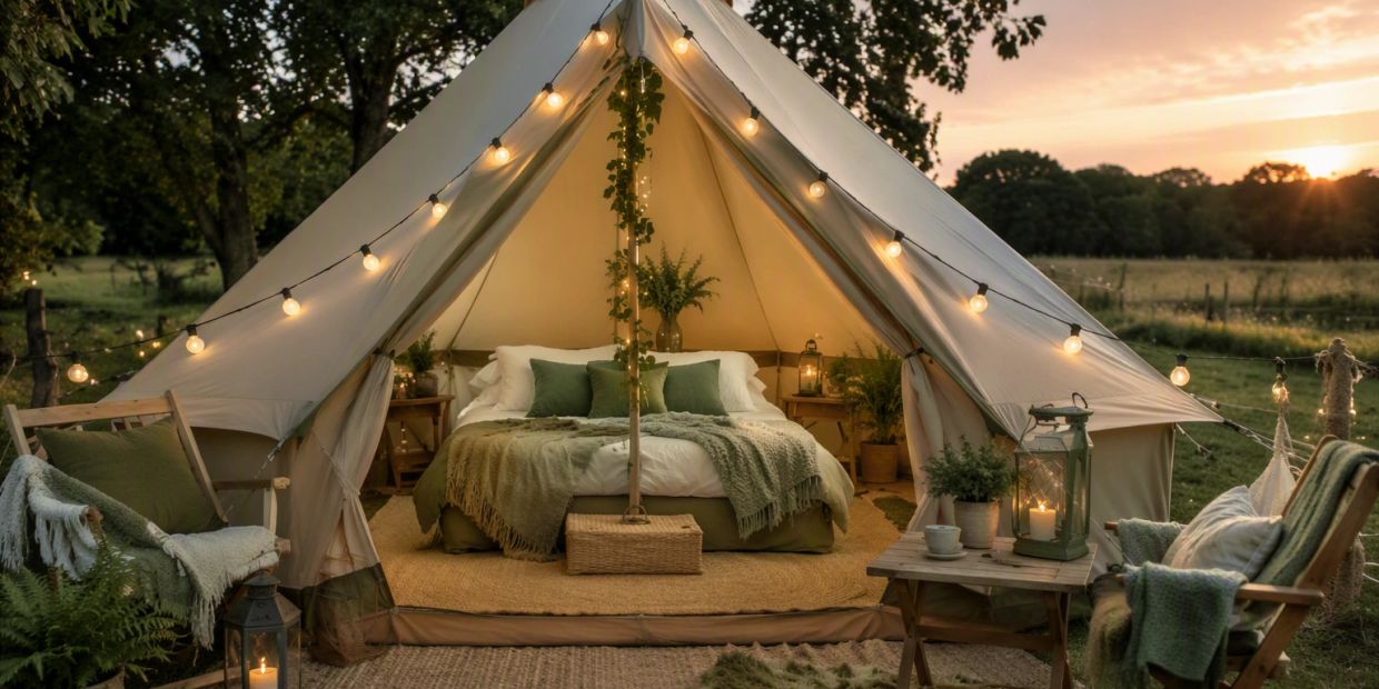 Cozy glamping tent with warm lights during sunset.
