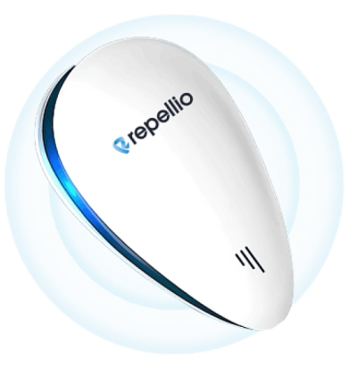 White teardrop-shaped device with 'repellio' logo, emitting blue light.