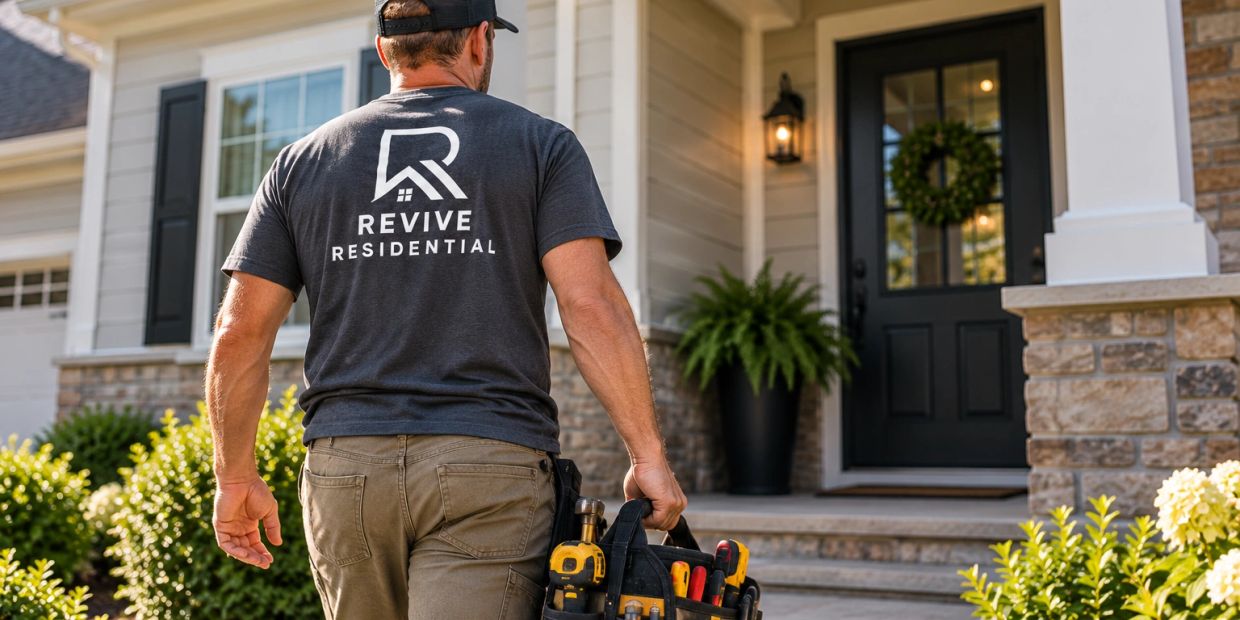 Worker carrying tools to a house.