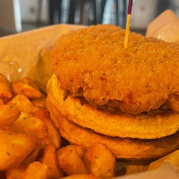 Chicken and waffles with Breakfast Potatoes