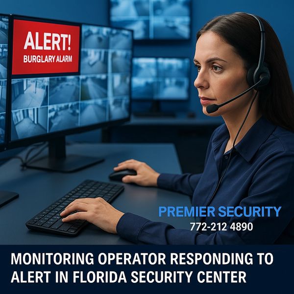 Premier Security Monitoring operator responding to alert in Florida security center