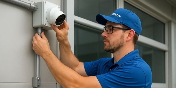 Premier Security technician installing commercial CCTV cameras in Port St. Lucie business