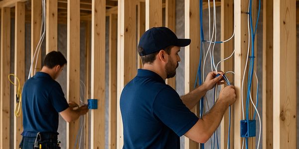 Technicians wiring smart home systems in a new construction home in Port St. Lucie