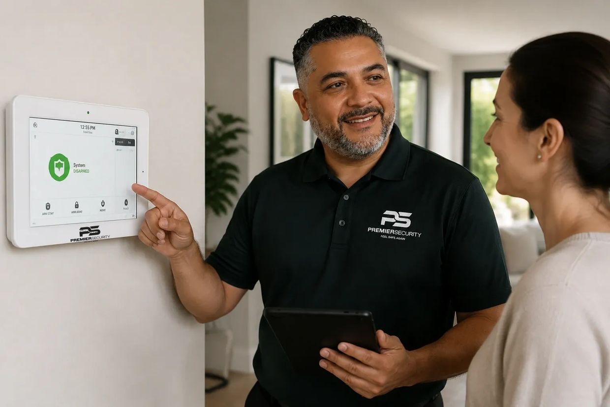Security technician programming and testing a professionally installed alarm system