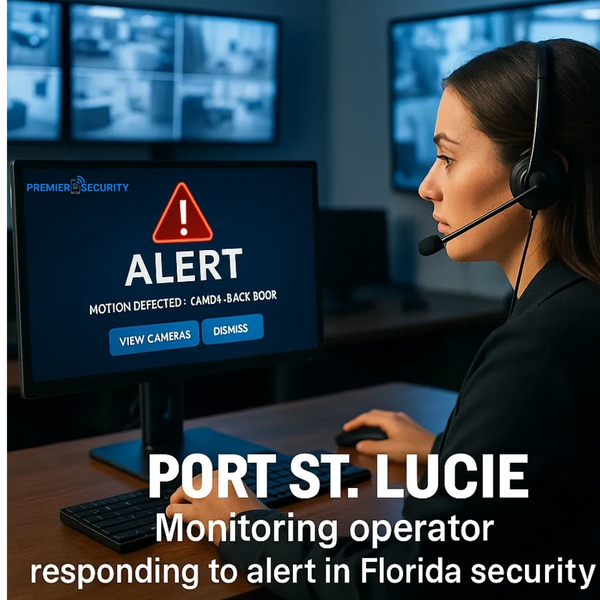 Premier Security Port St. Lucie Monitoring operator responding to alert in Florida security center