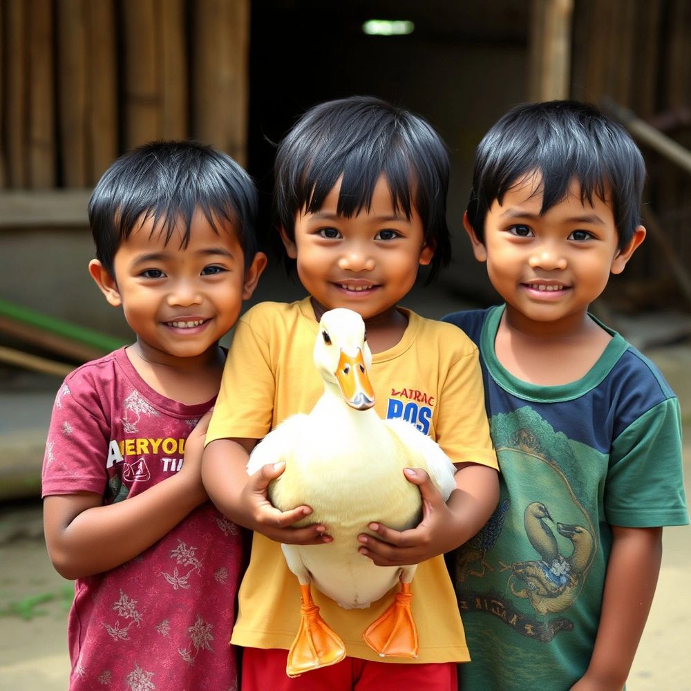 Kids holding a duck together while looking ahead