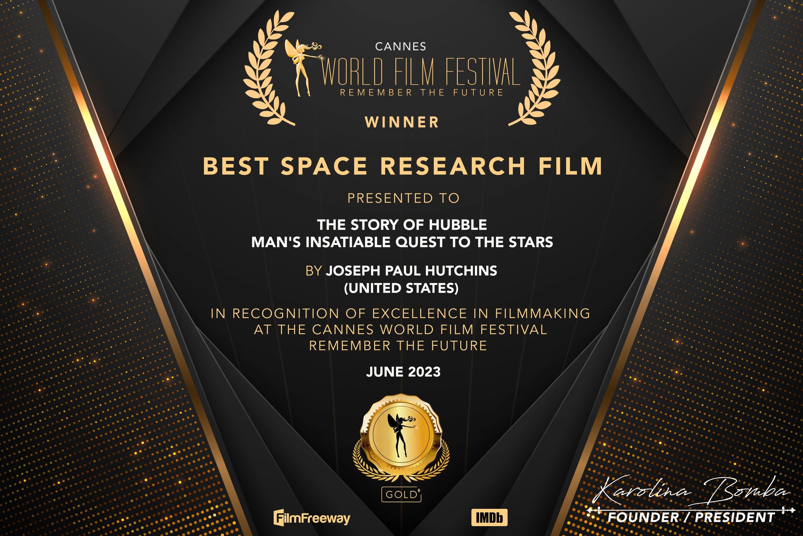 Cannes Film Festival award for "The Story of Hubble Movie"