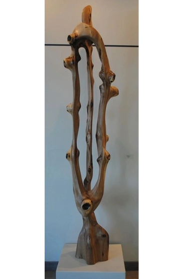 Wood sculpture by Carl Roberts, featuring smooth curves and a dynamic, abstract form