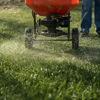 Person spreading fertilizer on a green lawn with a wheeled spreader.