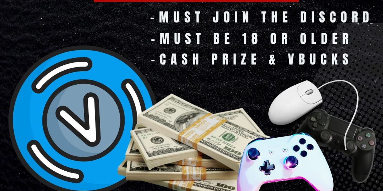 Gaming contest advertisement with cash prize and V-Bucks.