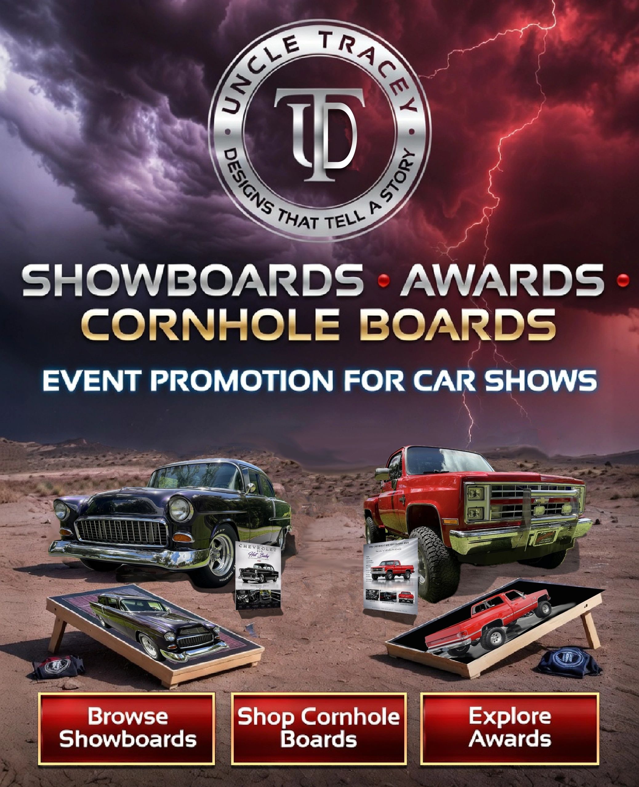 landing page with showboards cornhole cars and link images 
