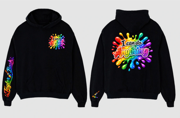 Black hoodie with colorful "I can do Anything" design and vibrant sleeve text.