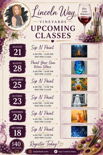 Flyer for Lincoln Way Vineyards' upcoming $40 Sip N Paint classes.