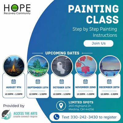Painting class with step-by-step instructions and upcoming dates.