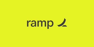 Minimalist logo with the word 'ramp' and a curved graphic on a bright yellow background.