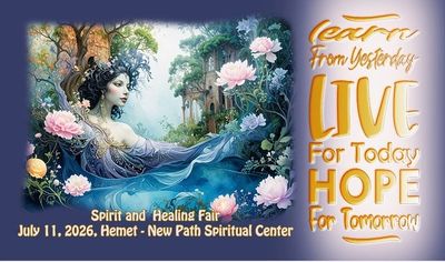 Artistic flyer for a spiritual fair in Hemet on July 11, 2026.