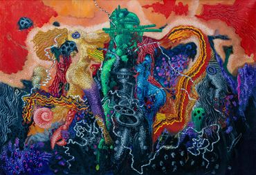Abstract painting with vibrant colors and intricate textures depicting surreal forms.