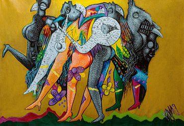 Colorful abstract figures intertwined against a yellow background.