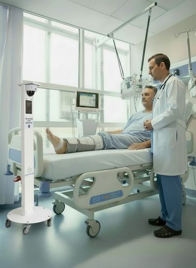Doctor consulting with a patient in a hospital room with leg injury.