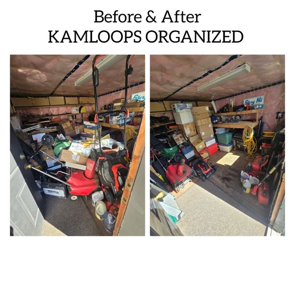 Garage before and after photo. Decluttered and organized.