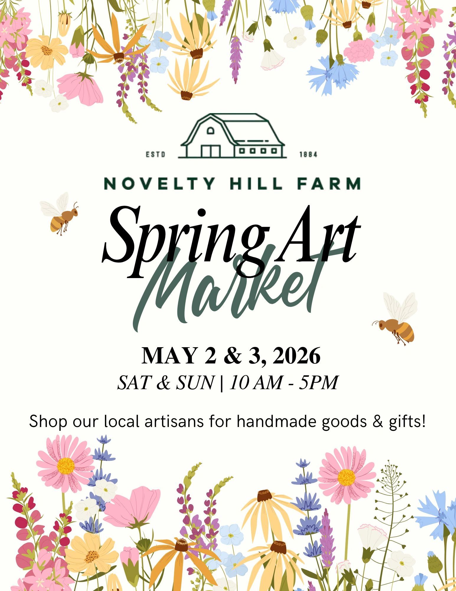 Spring Art Market at Novelty Hill Farm with flowers and bees.