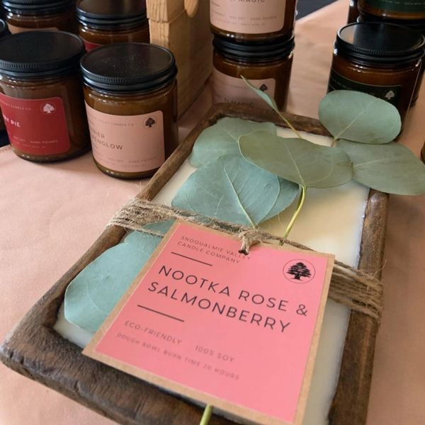 Eco-friendly soy candle with eucalyptus leaves and Nootka Rose &amp; Salmonberry scent.