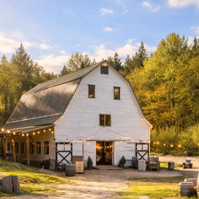 White barn with sparkly lights