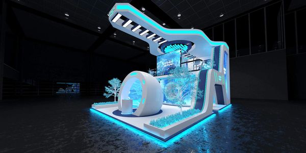 Futuristic exhibition booth with neon blue lighting and modern design elements in a dark space.
